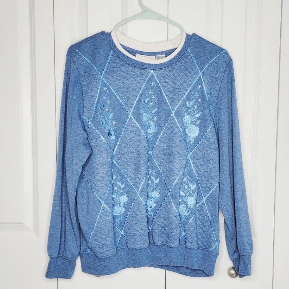 Blue Unique Floral Embellished Quilted Argyle Oversized Sweater
